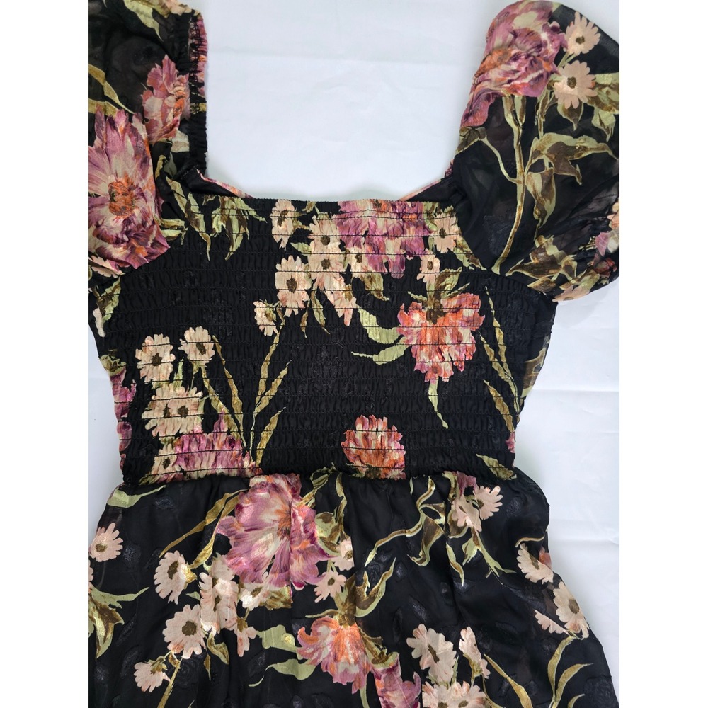 Lily Rose Floral Puff Sleeve Smocked Mini Dress Black Mauve Size Small - Picture 12 of 16